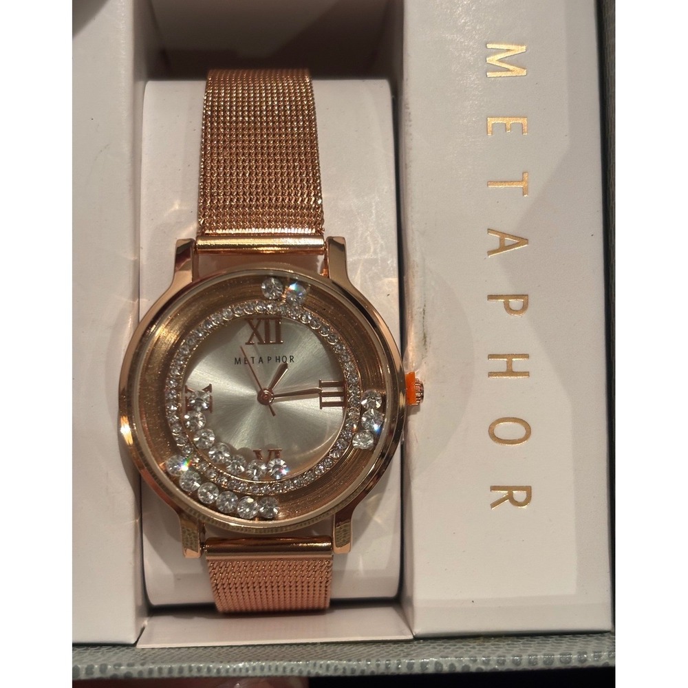 Metaphor Rose Gold Tone Mesh Watch Floating Crystals Roman Numerals with Box